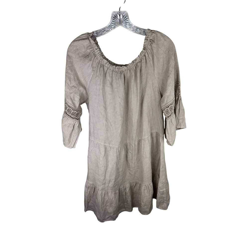 Terzo Millennio Italy Linen Crochet Lace Tunic Dress Taupe Beige Medium
